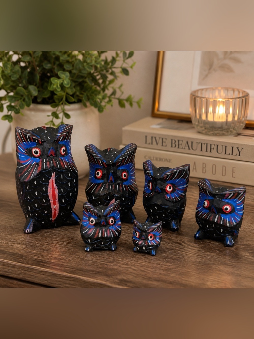 Handcrafted Owl Figurine Set Folk Art Wooden Owl Family Boho Rustic Home Decor